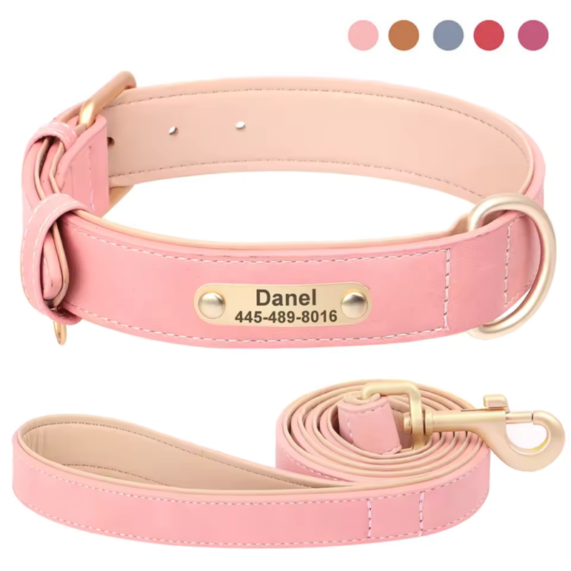 Personalized Dog Collar Leash PU Leather Dog Collars Pet Walking Lead Rope For Small Medium Large Dogs Free Custom ID Nameplate