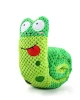 A green and yellow foldable snail plush toy for dogs, featuring hidden compartments and a squeaker for interactive play.