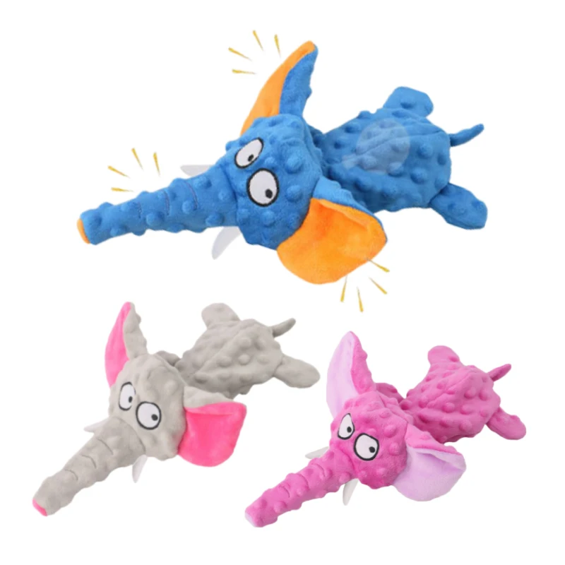 A plush elephant squeaky dog toy in grey, perfect for interactive play and chewing, designed for puppies of all ages.